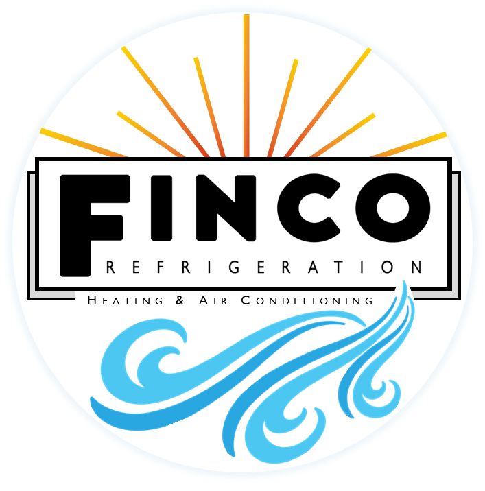 Logo for Finco Refrigeration, Heating & Air Conditioning featuring a stylized sun above the name and blue water waves.