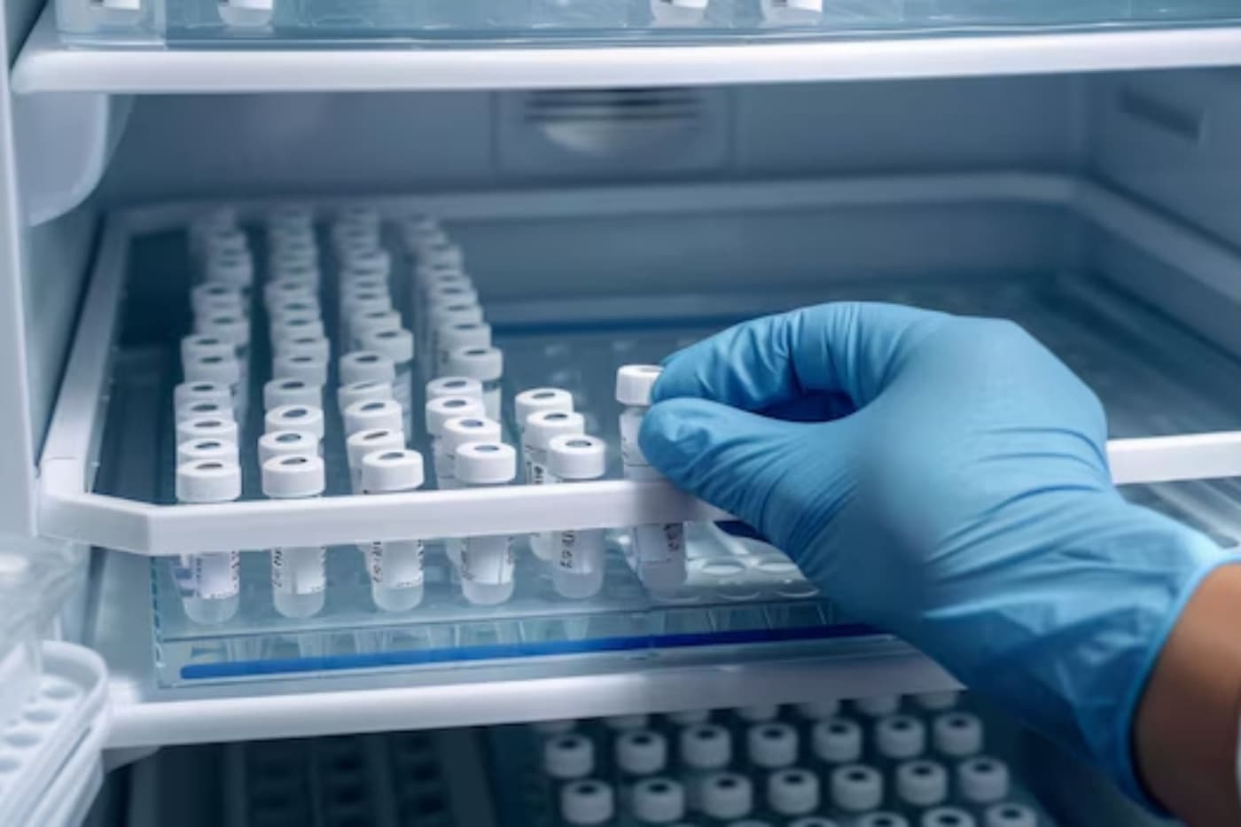 A person wearing blue gloves is taking a sample from a refrigerator.