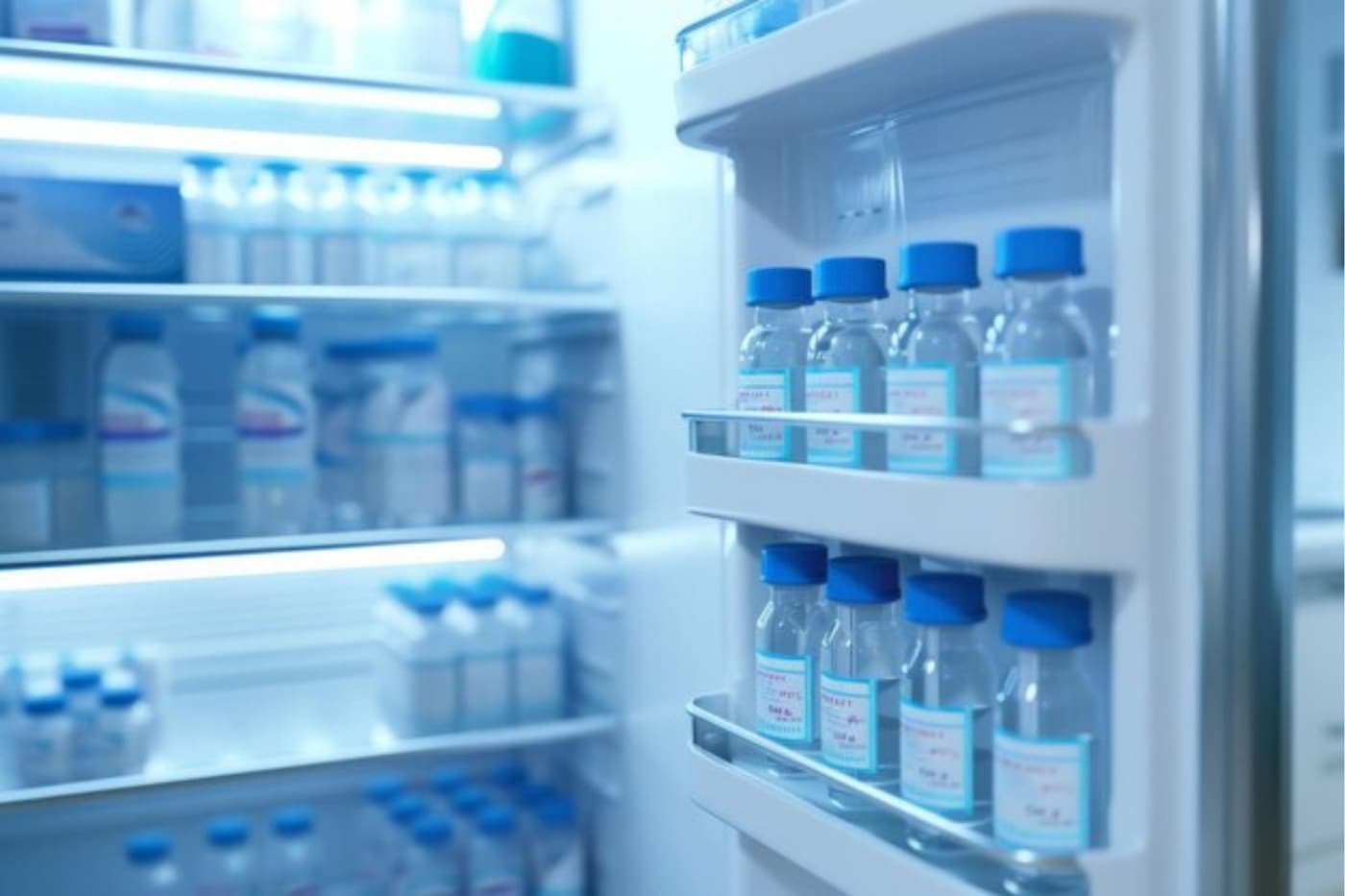 Open medical refrigerator with labeled bottles stored on the door shelves